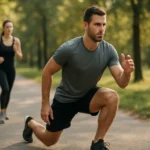 Muž vykonávajúci dynamické cvičenie na bežeckej ceste.