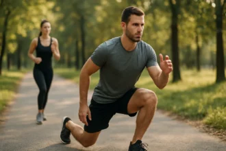Muž vykonávajúci dynamické cvičenie na bežeckej ceste.