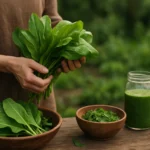 Čerstvá záhradná loboda a smoothie pripravené zo zelene