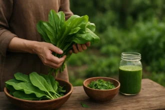 Čerstvá záhradná loboda a smoothie pripravené zo zelene