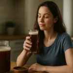 Žena si vychutnáva kvas, zdroj probiotík v kuchyni.