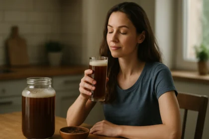 Žena si vychutnáva kvas, zdroj probiotík v kuchyni.