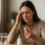 Žena s bolesťou hlavy drží liek a pohár vody pri stole