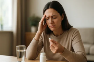 Žena s bolesťou hlavy drží liek a pohár vody pri stole