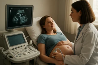 Tehotná žena na ultrazvuku s lekárkou