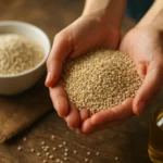 Sezamové semienka v rukách so sezamovým olejom v pozadí.