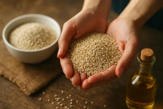 Sezamové semienka v rukách so sezamovým olejom v pozadí.