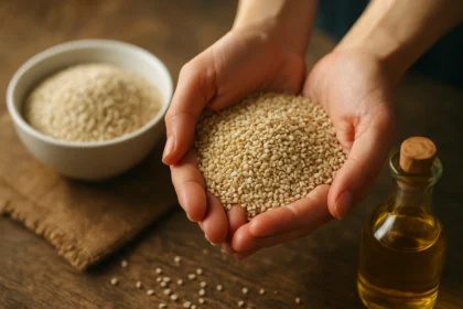 Sezamové semienka v rukách so sezamovým olejom v pozadí.
