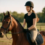 Jazdec na koni v prírode s úsmevom na tvári