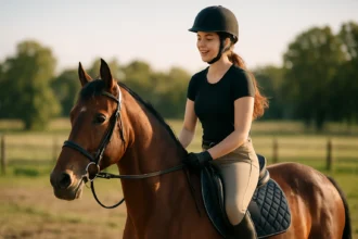 Jazdec na koni v prírode s úsmevom na tvári