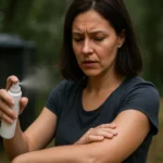 Žena používa postrek proti komárom v prírode a znepokojená jeho účinkami.