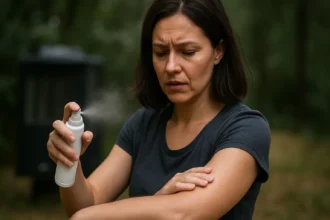 Žena používa postrek proti komárom v prírode a znepokojená jeho účinkami.