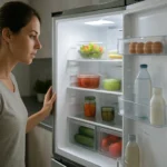 Žena kontroluje chladničku No Frost s čerstvými potravinami.