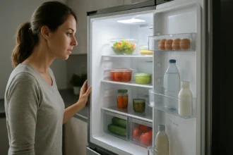 Žena kontroluje chladničku No Frost s čerstvými potravinami.