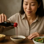 Žena nalieva sójovú omáčku do misky, obklopená sójou a šalátom.