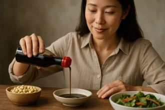 Žena nalieva sójovú omáčku do misky, obklopená sójou a šalátom.