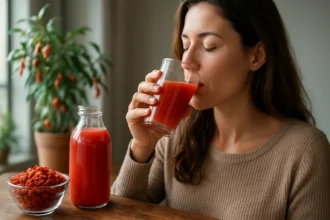 Žena vychutnáva goji nápoj plný antioxidantov a vitamínov.