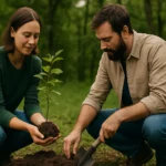 Dvojica ľudí sadiacich strom v prírode pre ochranu biodiverzity.