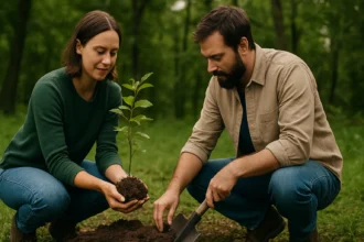 Dvojica ľudí sadiacich strom v prírode pre ochranu biodiverzity.