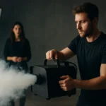 Muž obsluhuje dymostroj na akcii pre efekty