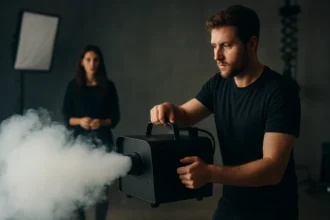 Muž obsluhuje dymostroj na akcii pre efekty