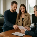 Mladý pár konzultuje nákup auta so zástupcom predajcu