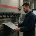 Pracovník ovládajúci CNC ohýbací stroj na spracovanie kovov.