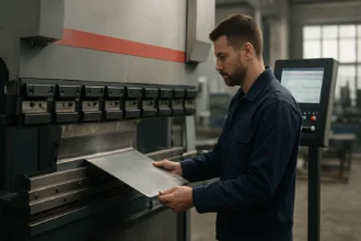 Pracovník ovládajúci CNC ohýbací stroj na spracovanie kovov.