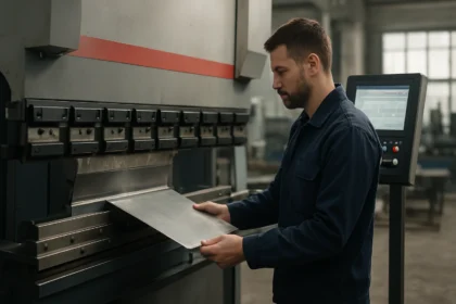 Pracovník ovládajúci CNC ohýbací stroj na spracovanie kovov.