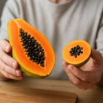 Osoba drží nakrájanú papáju a jej kúsok, bohatú na živiny.