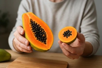 Osoba drží nakrájanú papáju a jej kúsok, bohatú na živiny.