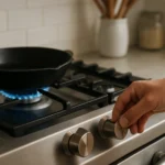 Osoba zapína plynový sporák s modrým plameňom a panvicou.