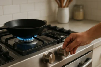 Osoba zapína plynový sporák s modrým plameňom a panvicou.