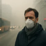 Muž s ochrannou maskou v zakadenej mestskej oblasti počas smogu.