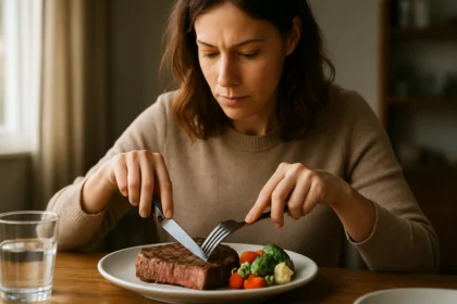 Žena krája steak a zeleninu na tanieri, zdôrazňujúca dôležitosť rezákov.