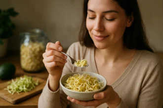 Žena vychutnáva sójové klíčky v miske