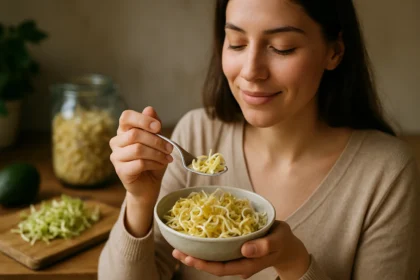 Žena vychutnáva sójové klíčky v miske