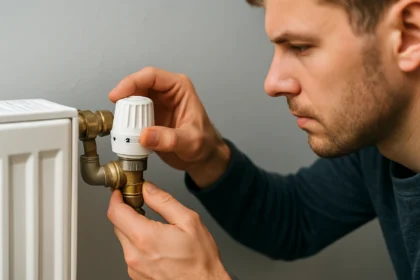 Osoba nastavuje vratný ventil na radiátore pre efektívne vykurovanie.