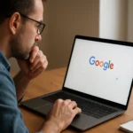 Muž vyhľadáva na Google na svojom laptopu.