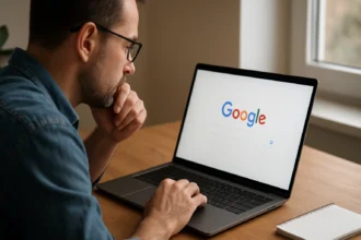 Muž vyhľadáva na Google na svojom laptopu.