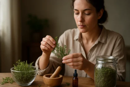 Žena skúma čerstvý tymian na prípravu bylinkového lieku.