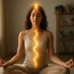 Žena medituje s prebudenou Kundalini energiou na dosiahnutie vnútornej harmónie.