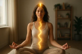 Žena medituje s prebudenou Kundalini energiou na dosiahnutie vnútornej harmónie.