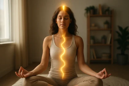 Žena medituje s prebudenou Kundalini energiou na dosiahnutie vnútornej harmónie.