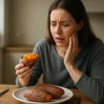 Žena trpí tráviacimi ťažkosťami pri konzumácii sladkých zemiakov.
