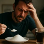 Muž skúma účinky cukru s tanierom cukru a nápojom vedľa seba