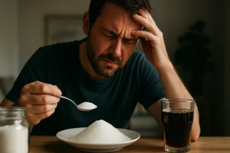 Muž skúma účinky cukru s tanierom cukru a nápojom vedľa seba