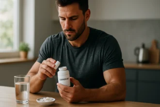 Muž otvára fľašu L-karnitínu na použitie pri športovaní.
