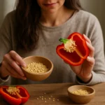 Žena predvádza semienka papriky v miske a rozkrojenú papriku.