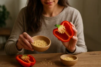 Žena predvádza semienka papriky v miske a rozkrojenú papriku.